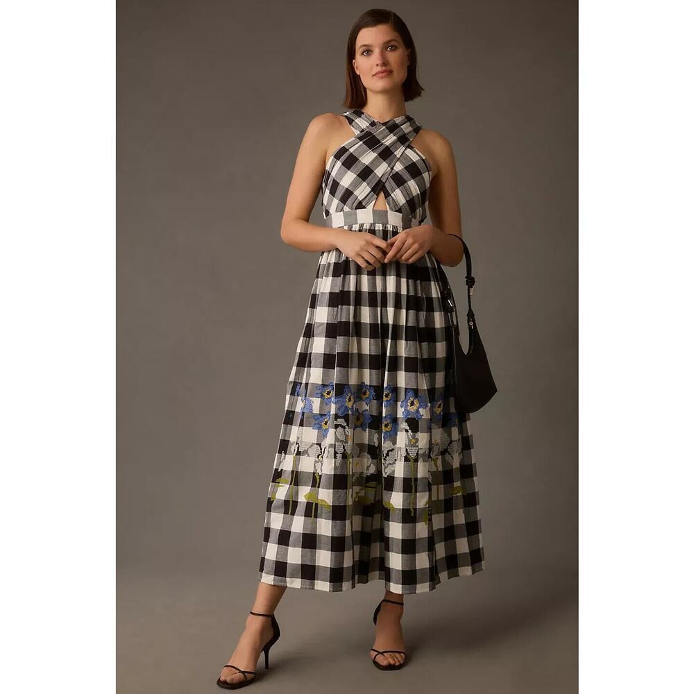 Anthropologie Black & White Gingham Maxi Dress with Floral Border